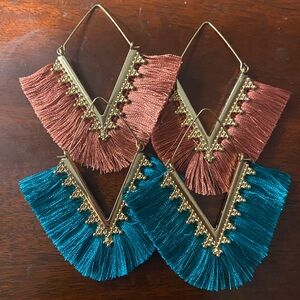 🕺2/$14 Fringe Statement Earrings, Teal and Rust